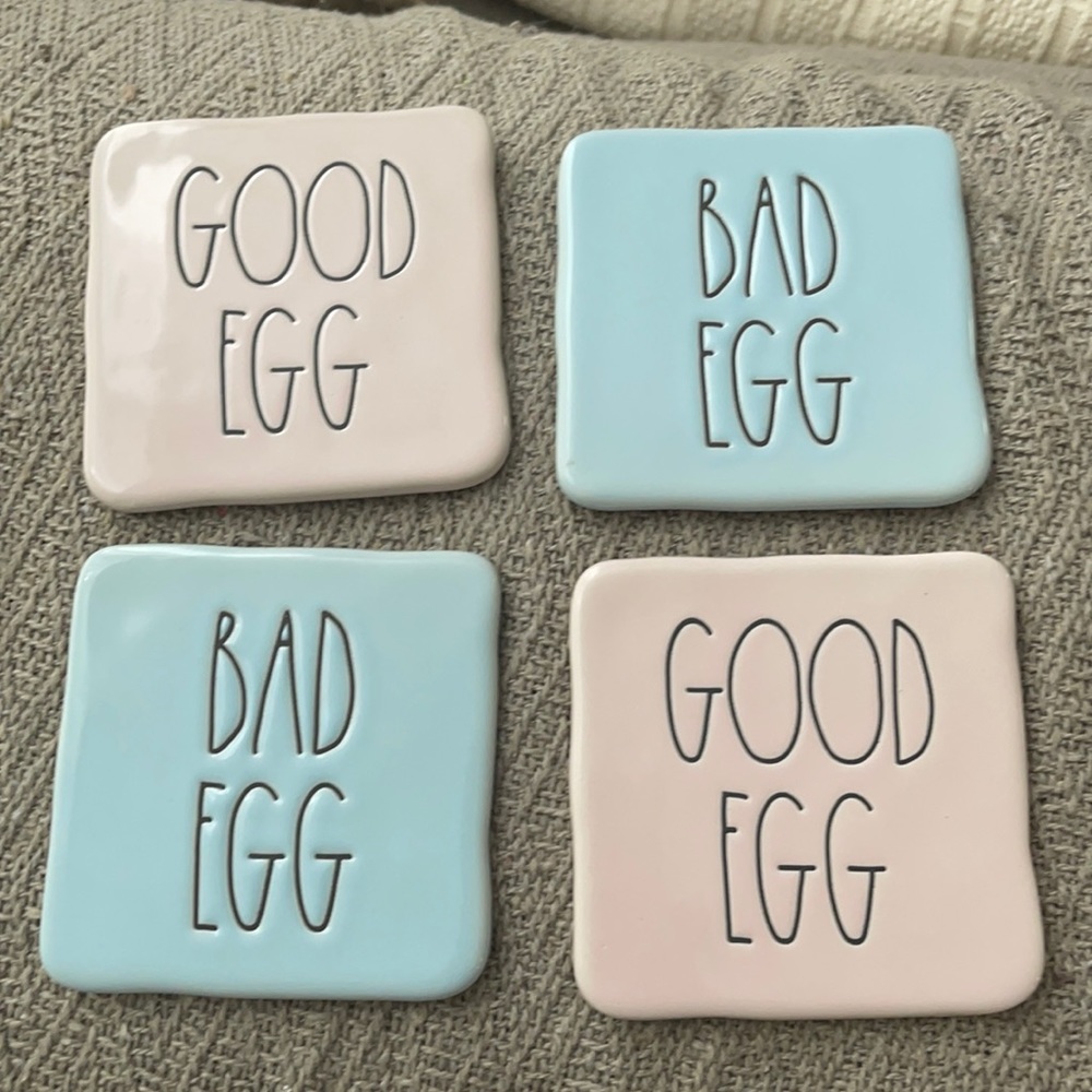 Rae Dunn Easter Coasters Set Blue and Pink Good Egg Bad Egg